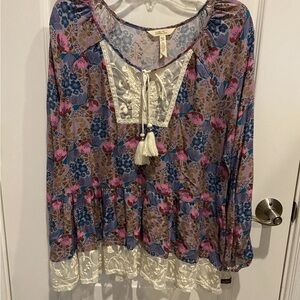 Matilda Jane Multicolor Floral Blouse with Tassels Medium